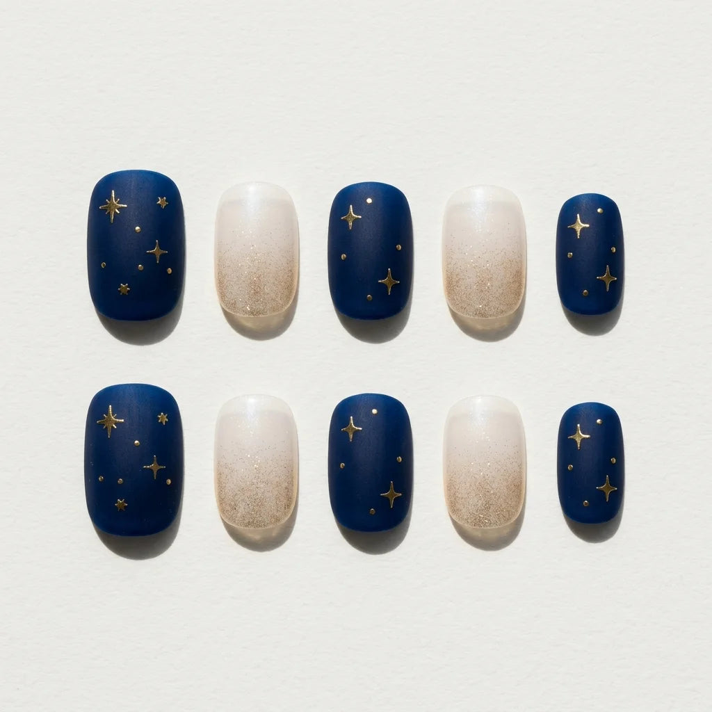 navy white gold hand painted ombre oval press on nails gold star lifestyle 03