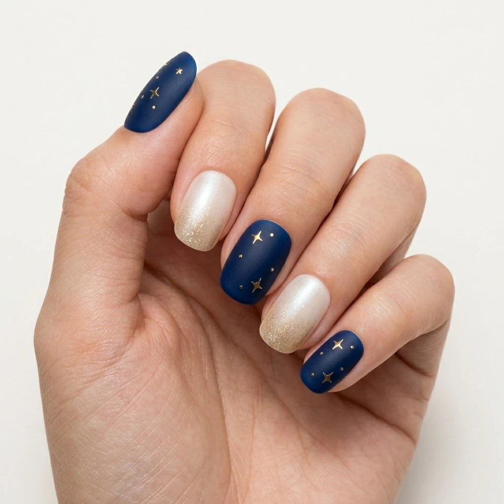 navy white gold hand painted ombre oval press on nails gold star mockup 01