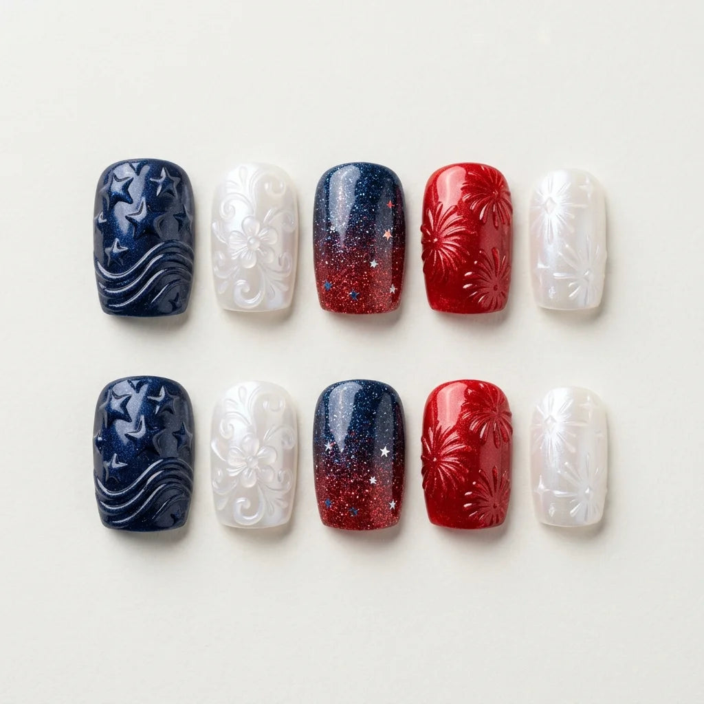 navy white red 3d ombre 4th of july square press on nails firework star glitter detail 06