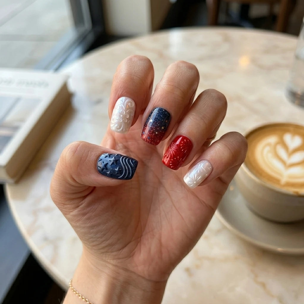 navy white red 3d ombre 4th of july square press on nails firework star glitter lifestyle 05
