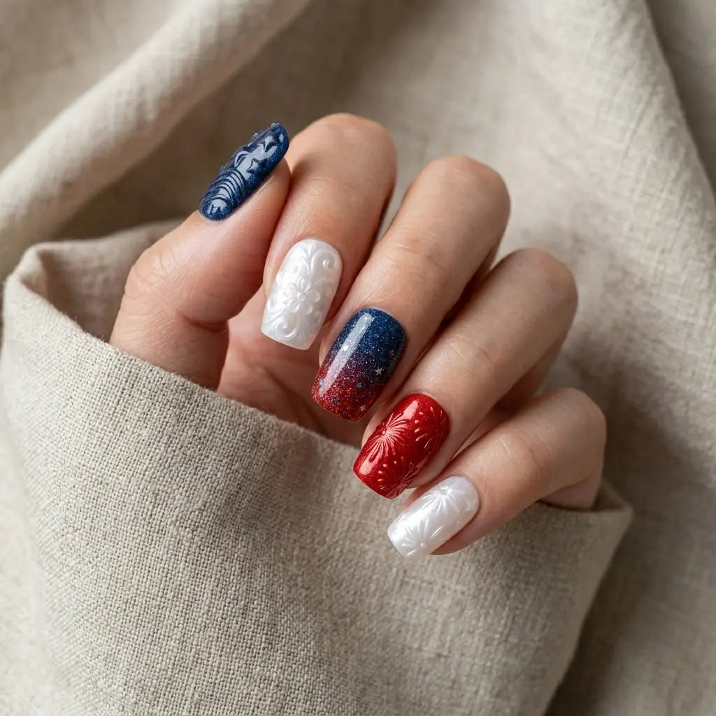 navy white red 3d ombre 4th of july square press on nails firework star glitter mockup 02