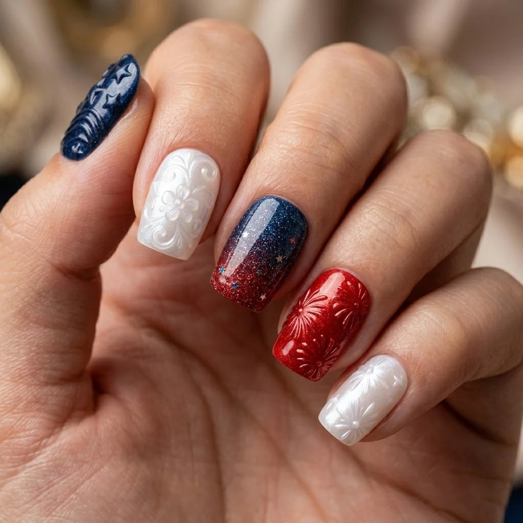 navy white red 3d ombre 4th of july square press on nails firework star glitter mockup 03