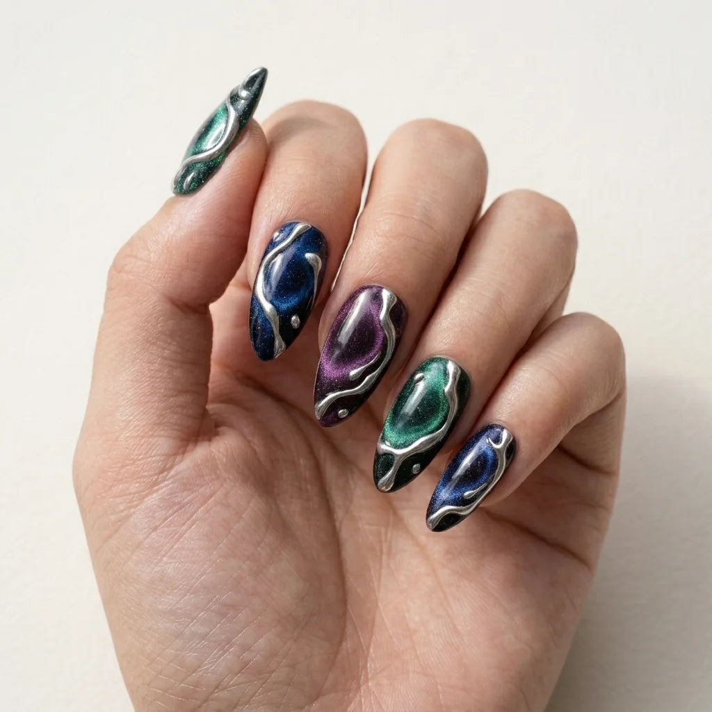 nebula cat eye almond medium press on nails silver liquid detail 01