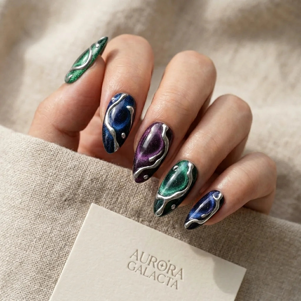 nebula cat eye almond medium press on nails silver liquid flat lay 01