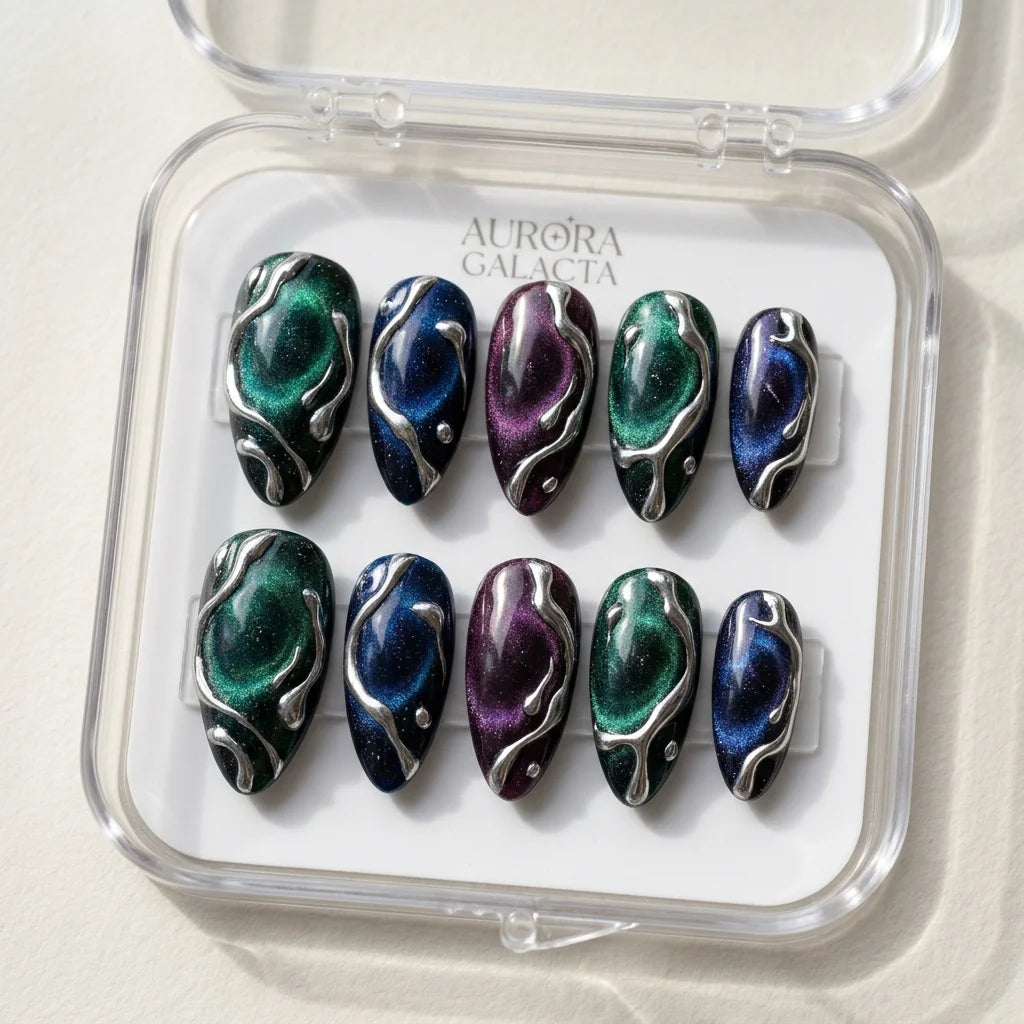nebula cat eye almond medium press on nails silver liquid mockup 01