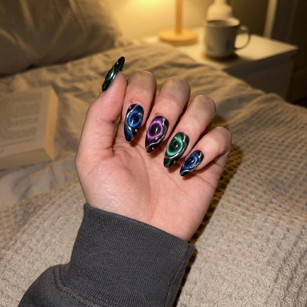 nebula cat eye almond medium press on nails silver liquid mockup 02