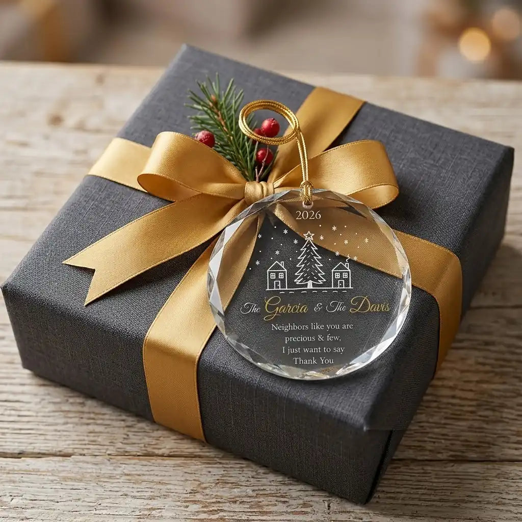 Personalized neighbor gift glass ornament presented beside a wrapped holiday gift box on rustic wooden background