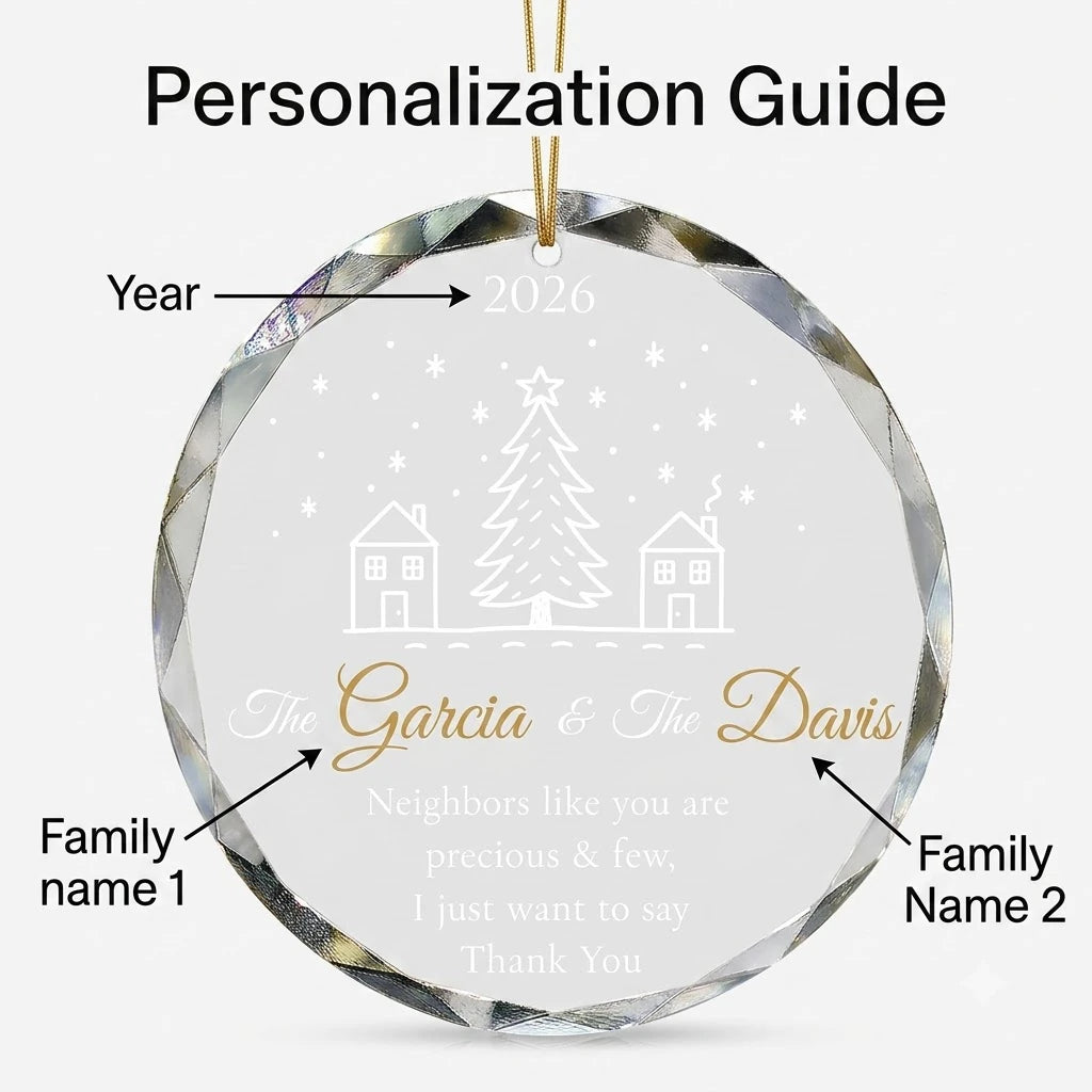 Personalization instruction card showing text input fields for custom names, dates and year on glass ornament