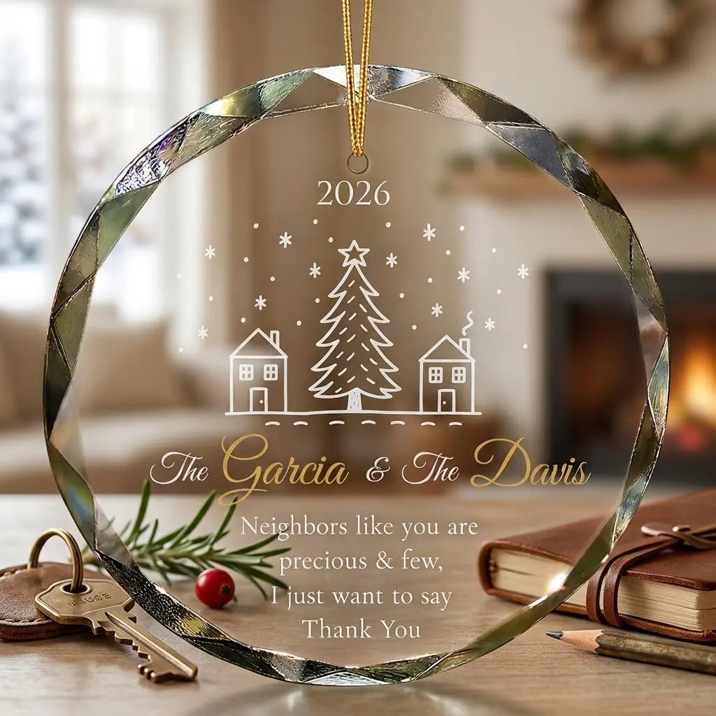 Cozy Christmas holiday scene displaying the custom transparent glass ornament hanging near mantel decor