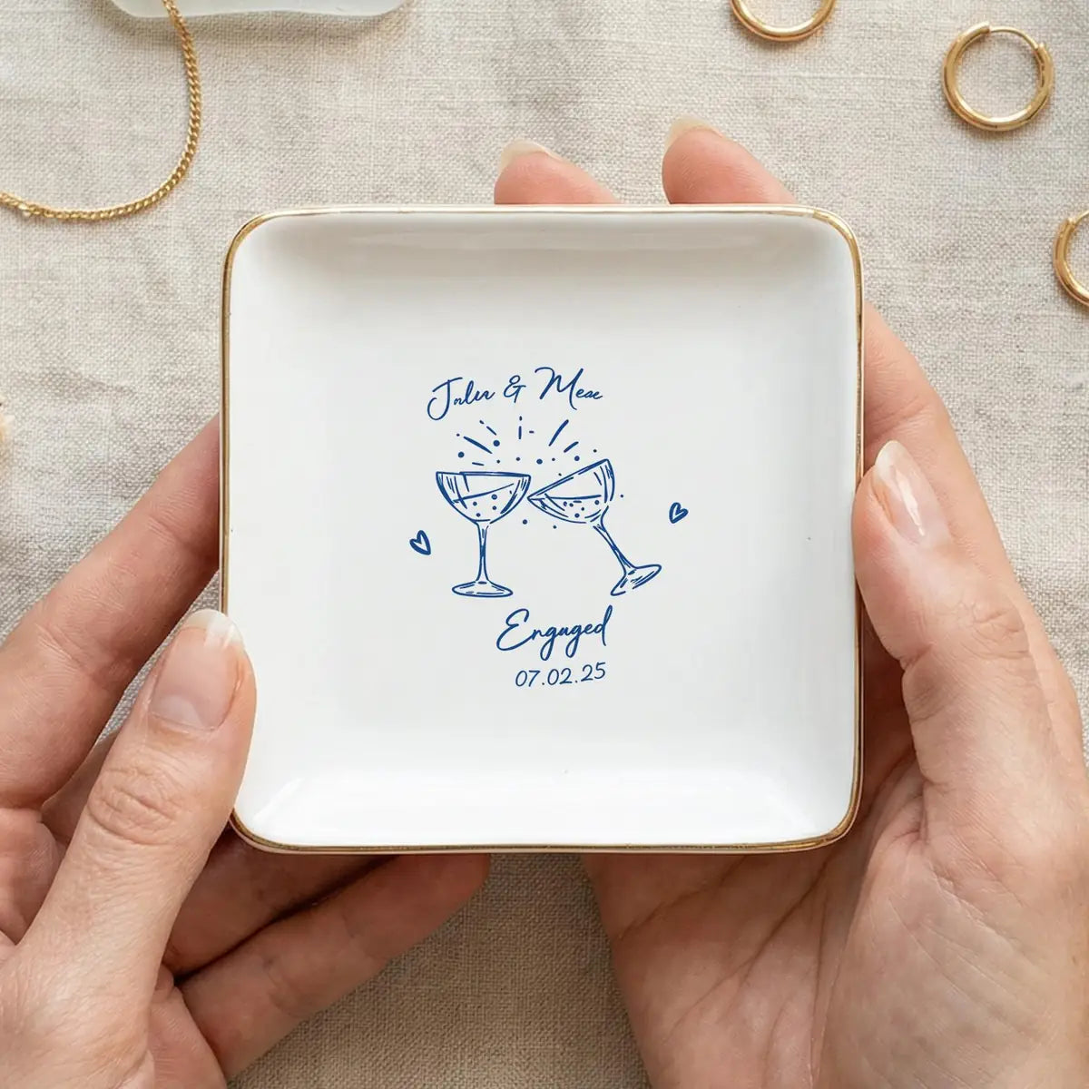 Engagement Ring Dish, Custom Newly Engaged Couple Gift, Bride To Be Jewelry Tray, Couples Names Ring Holder