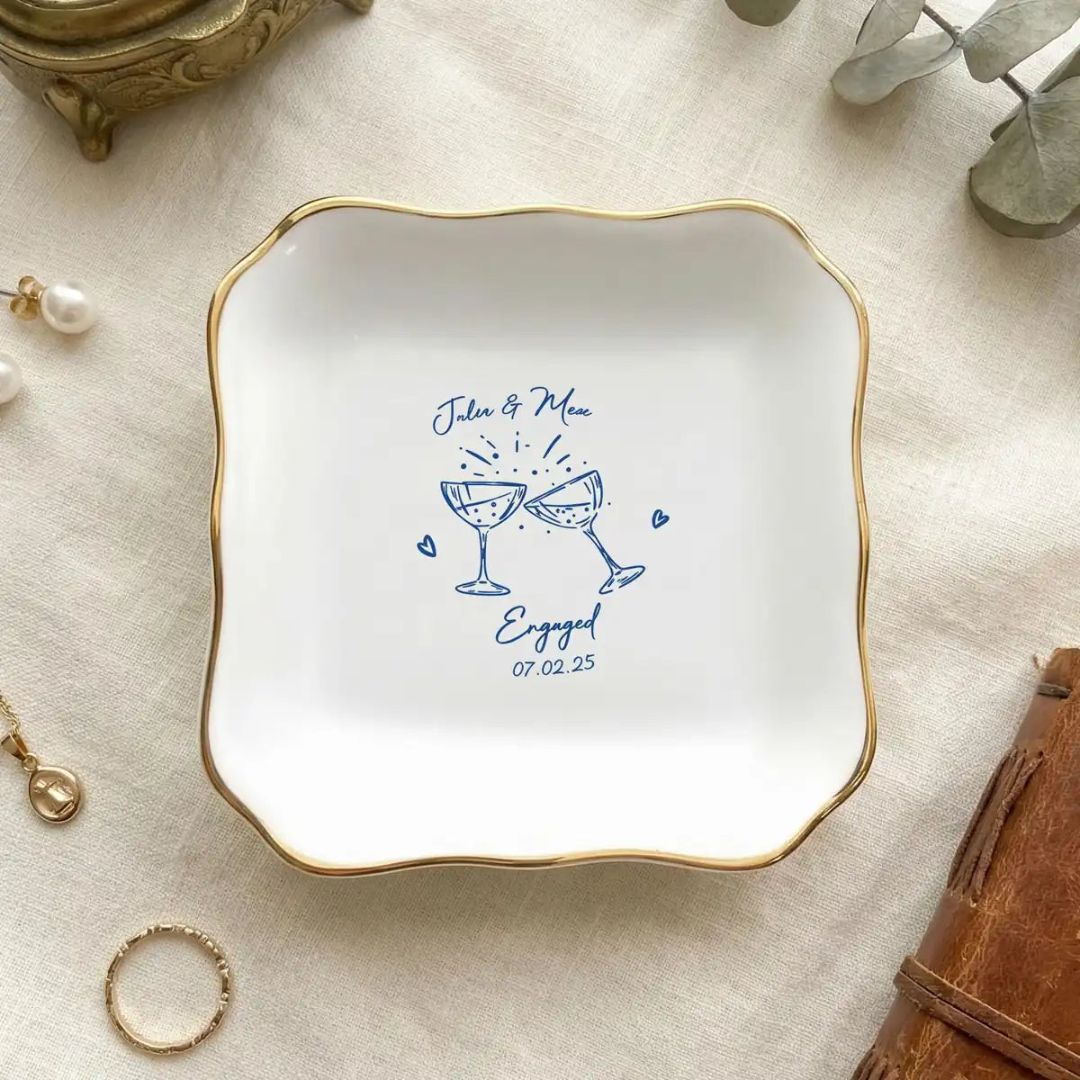 Engagement Ring Dish, Custom Newly Engaged Couple Gift, Bride To Be Jewelry Tray, Couples Names Ring Holder variant