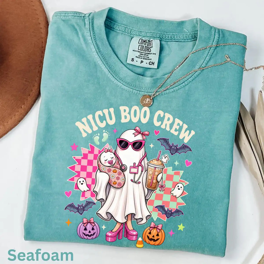 Seafoam Comfort Colors T-shirt with Nicu Boo Crew Baby Nurse Ghost - Spooky Halloween Comfort Colors T-Shirt Halloween artwork
