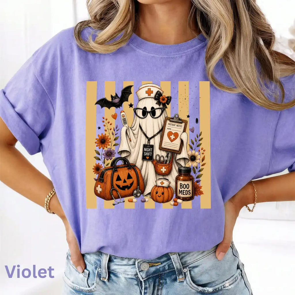Violet Comfort Colors T-shirt with Night Shift Nurse Ghost Clipboard - Medical Halloween Comfort Colors T-Shirt Halloween artwork