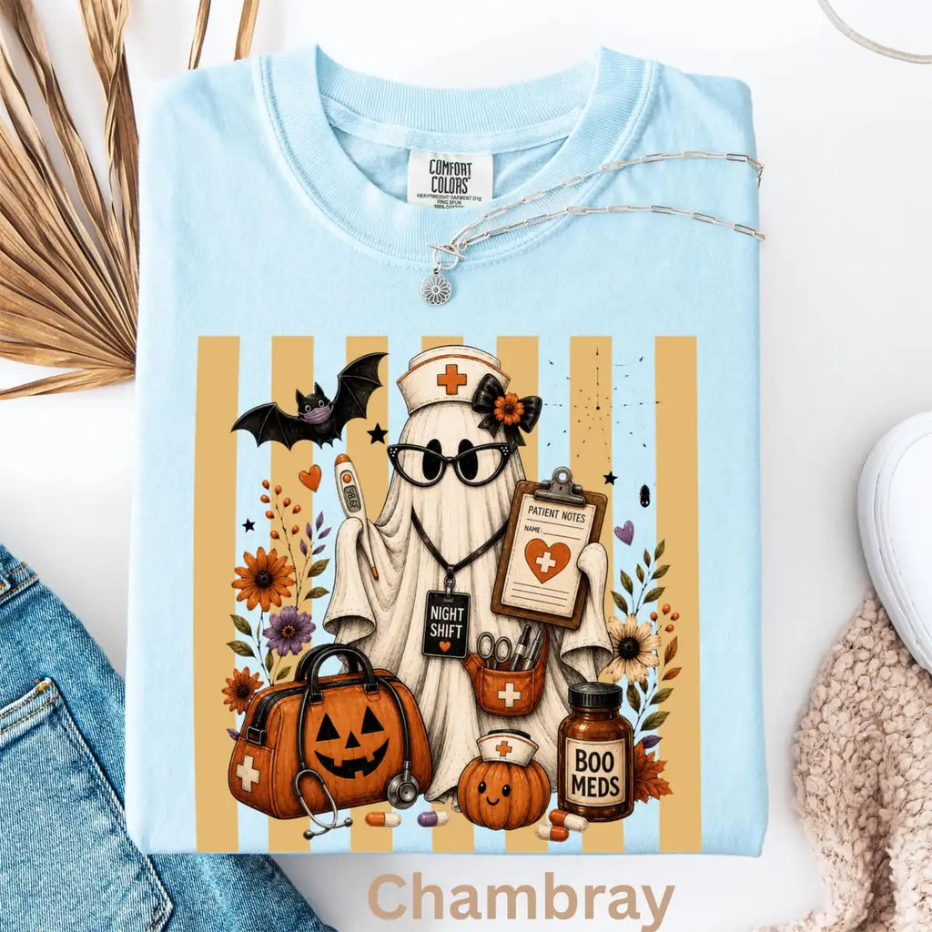 Chambray Comfort Colors T-shirt with Night Shift Nurse Ghost Clipboard - Medical Halloween Comfort Colors T-Shirt Halloween artwork