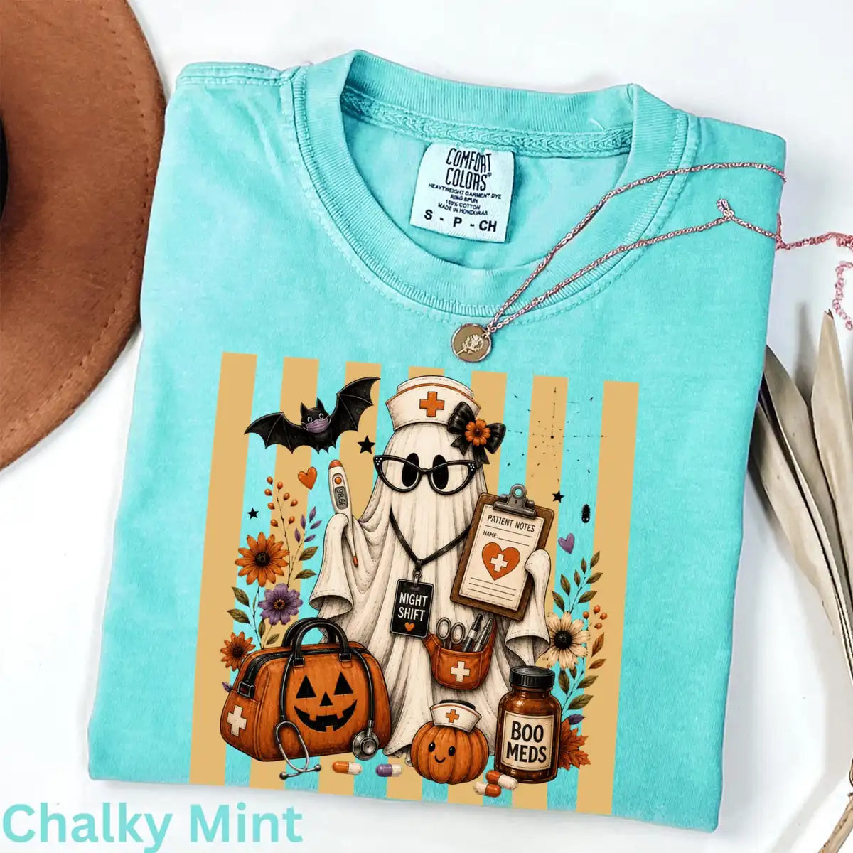 Chalky Mint Comfort Colors T-shirt with Night Shift Nurse Ghost Clipboard - Medical Halloween Comfort Colors T-Shirt Halloween artwork