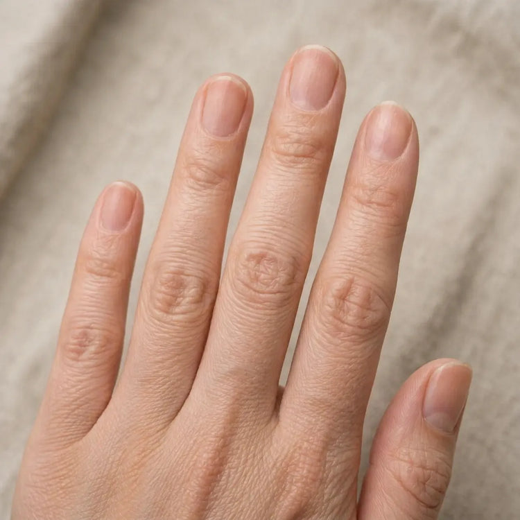 Close-up of a hand with visible skin texture on a neutral background