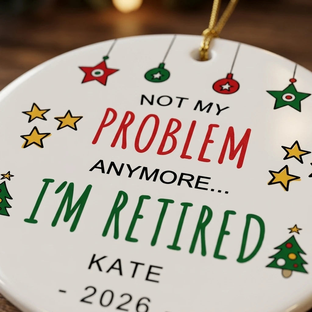 not my problem anymore i m retired retirement personalized ornament detail