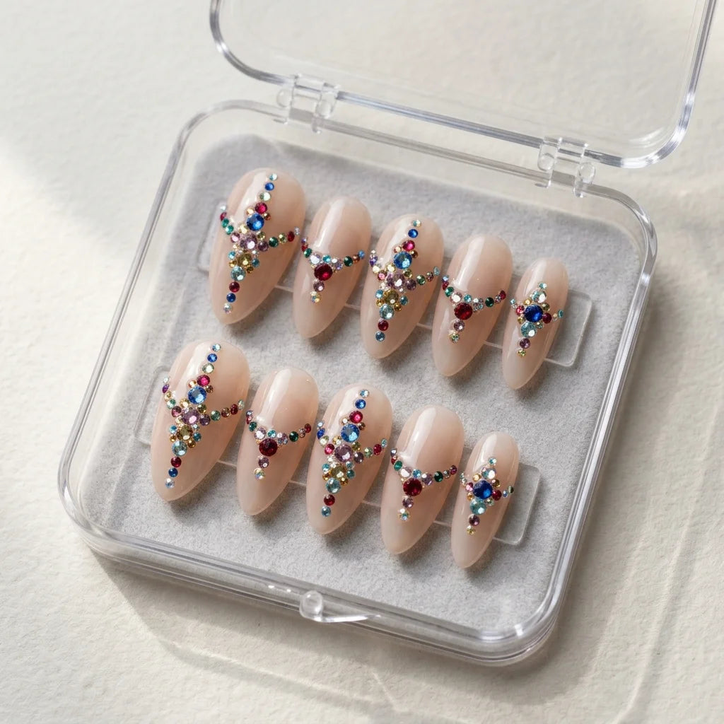 nude 3d almond medium press on nails multicolor gemstone v pendant charms box 01