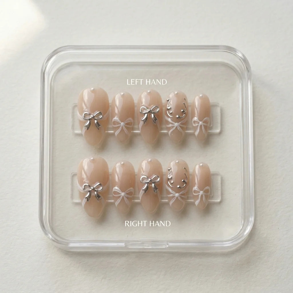 nude 3d almond medium press on nails silver ribbon bow mockup 01