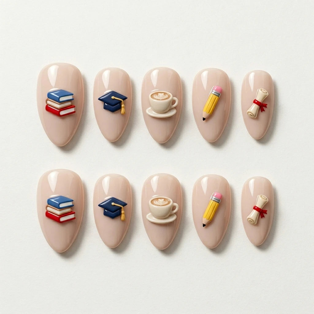 nude 3d almond press on nails school cap book pencil diploma flat lay 01