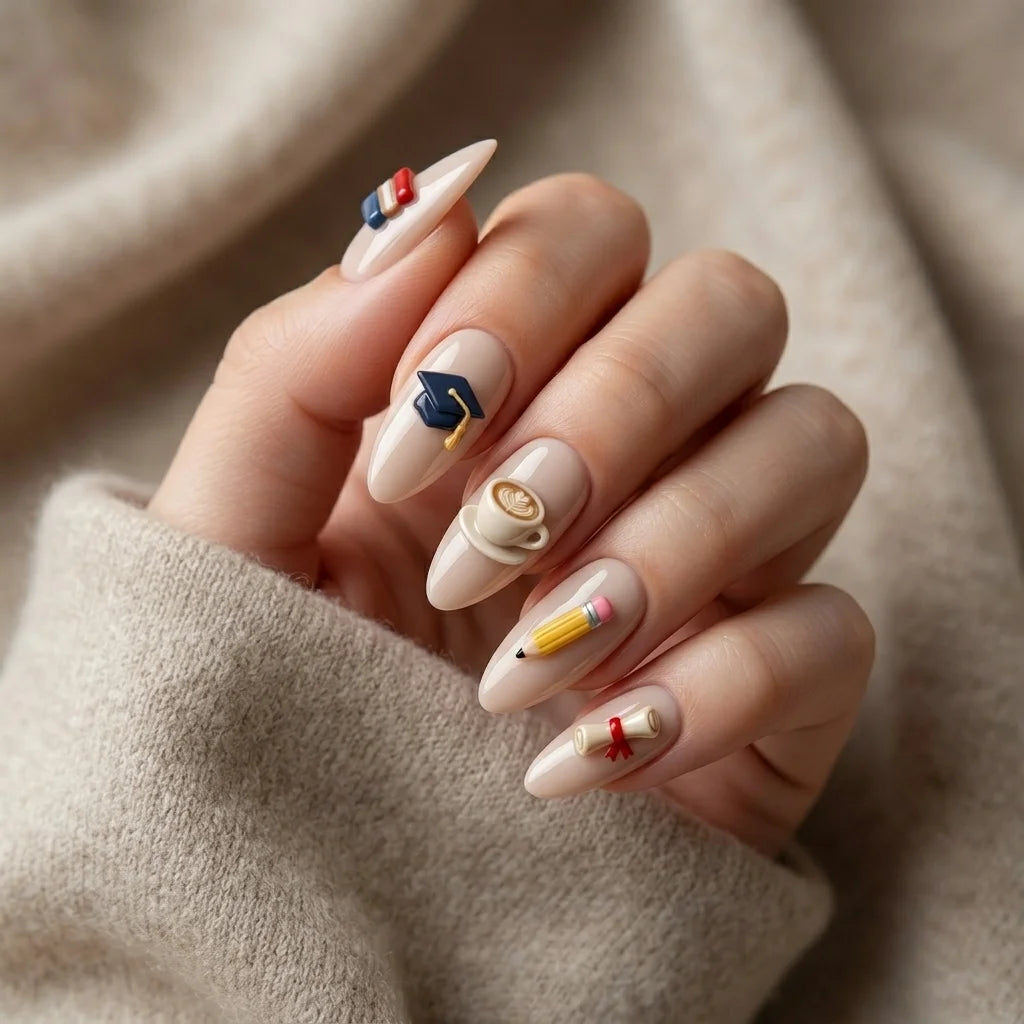 nude 3d almond press on nails school cap book pencil diploma lifestyle 01