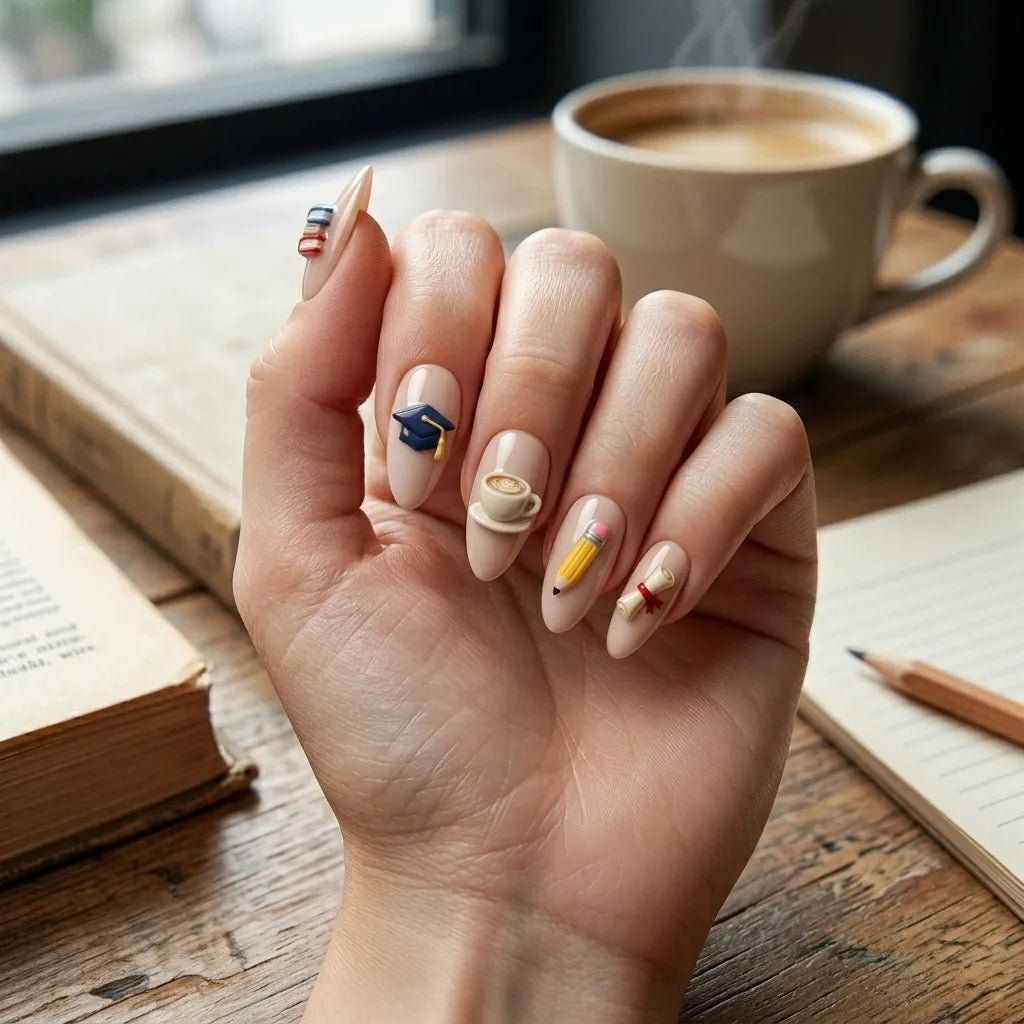 nude 3d almond press on nails school cap book pencil diploma lifestyle 02