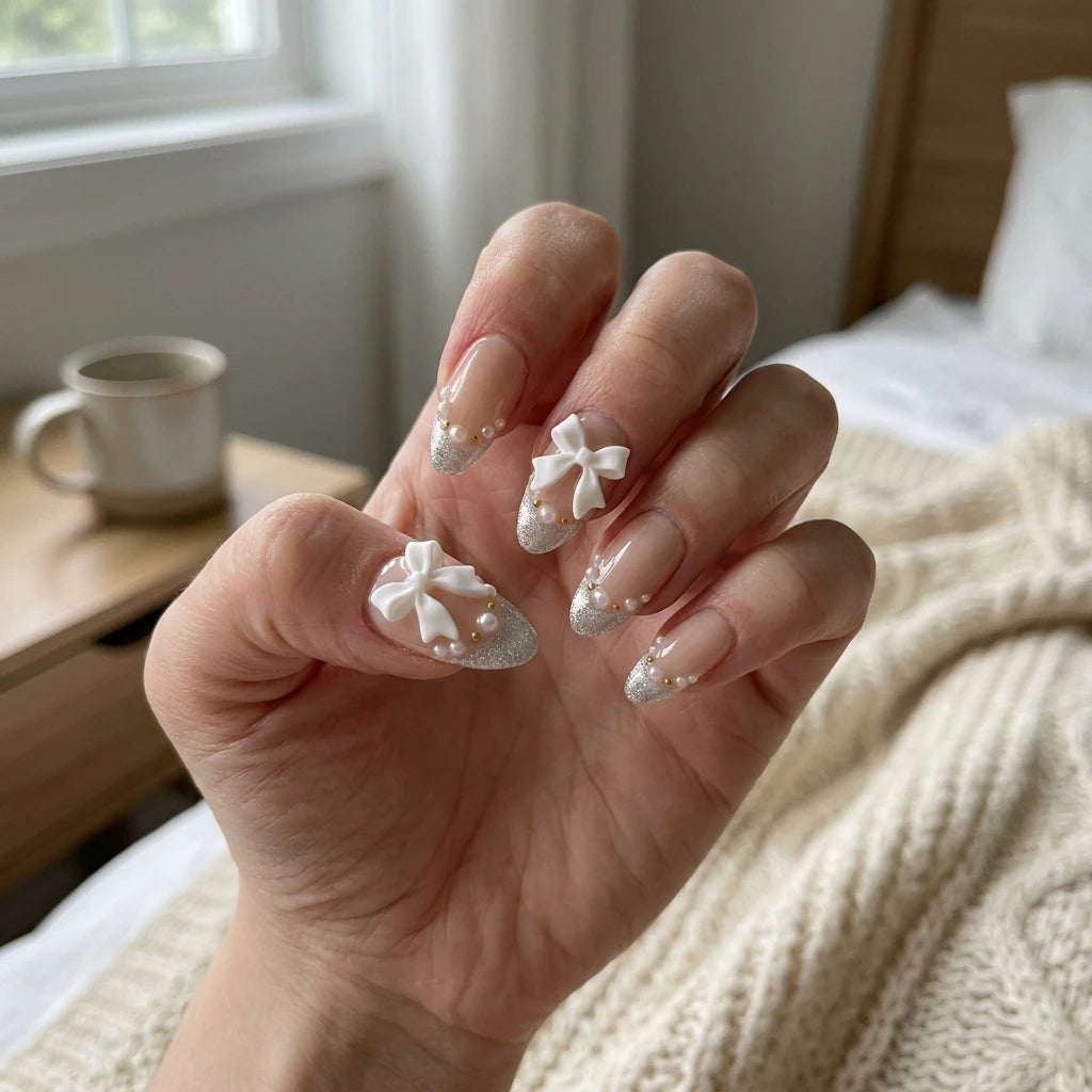 nude 3d french tip almond press on nails ribbon bow pearl lifestyle 01