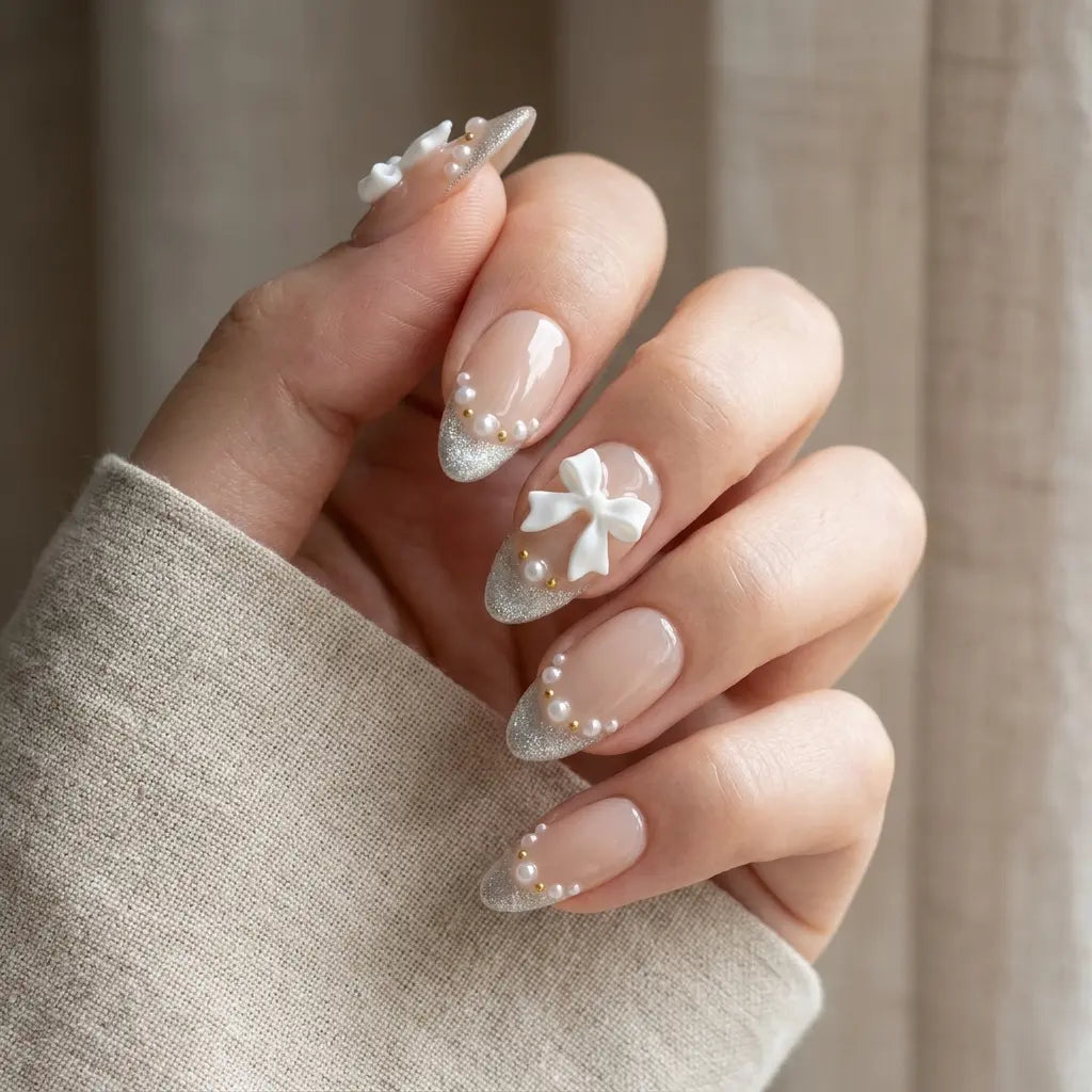 nude 3d french tip almond press on nails ribbon bow pearl mockup 01