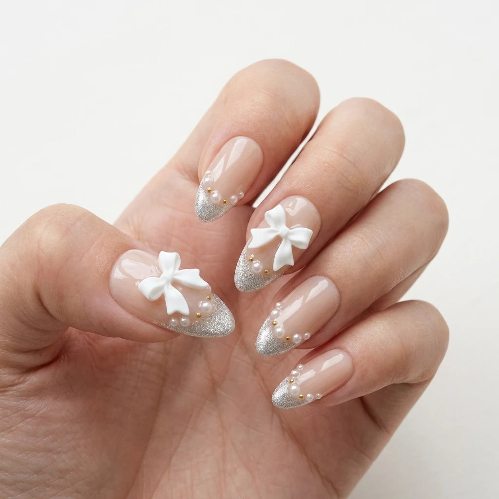 nude 3d french tip almond press on nails ribbon bow pearl mockup 02