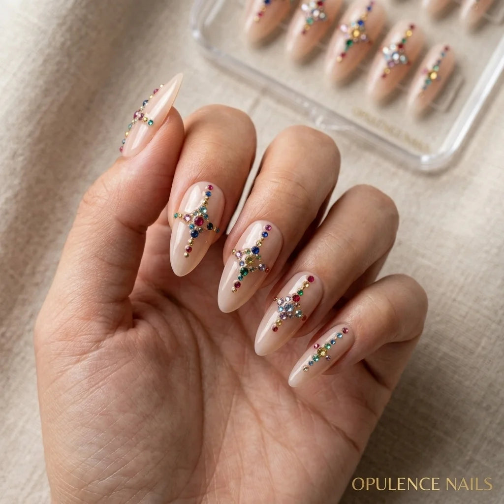 nude 3d stiletto medium press on nails multicolor gemstone cross star charms lifestyle 04