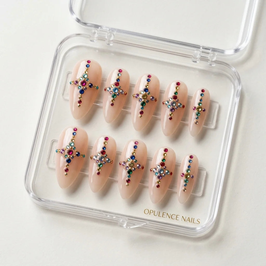 nude 3d stiletto medium press on nails multicolor gemstone cross star charms mockup 01