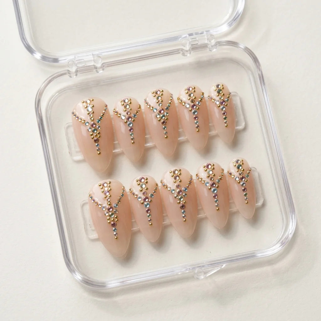 nude 3d stiletto medium press on nails multicolor gemstone tri arrow charms box 02