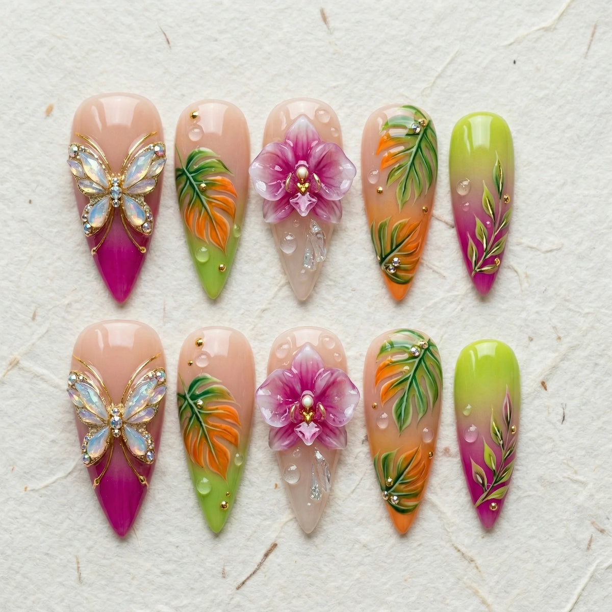 nude 3d stiletto medium press on nails orchid butterfly flat lay 01