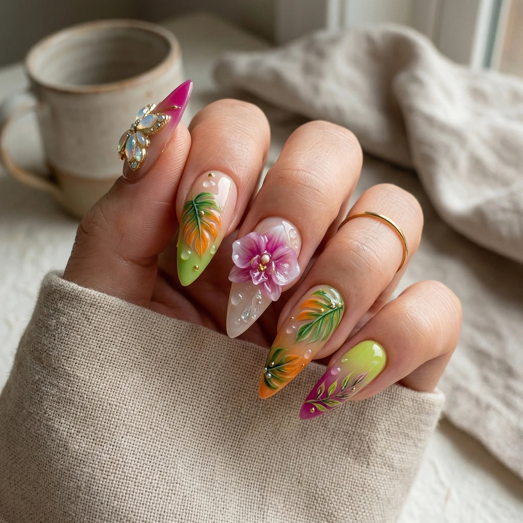 nude 3d stiletto medium press on nails orchid butterfly lifestyle 02