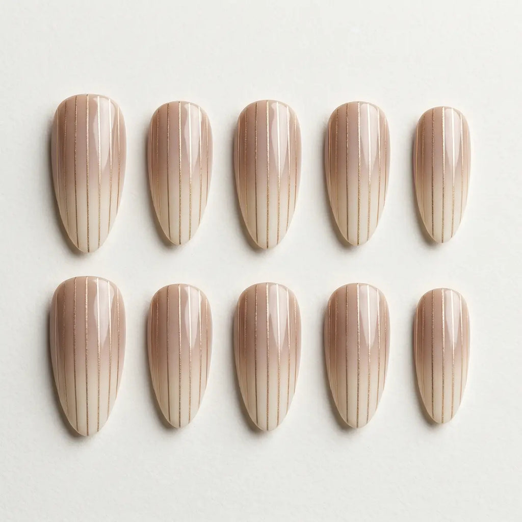 nude beige almond press on nails gold stripe mockup 01