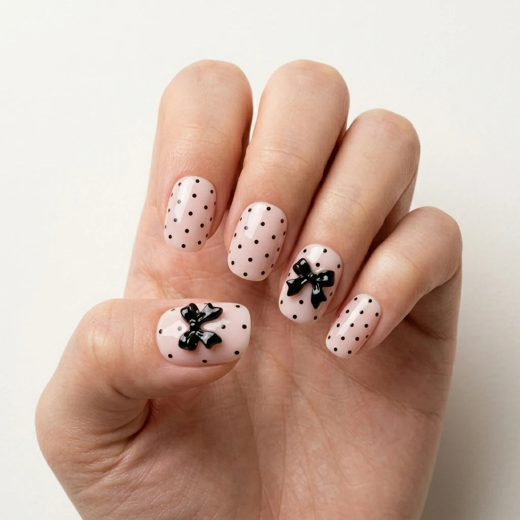nude black 3d hand painted oval press on nails ribbon bow polka dot flat lay 03