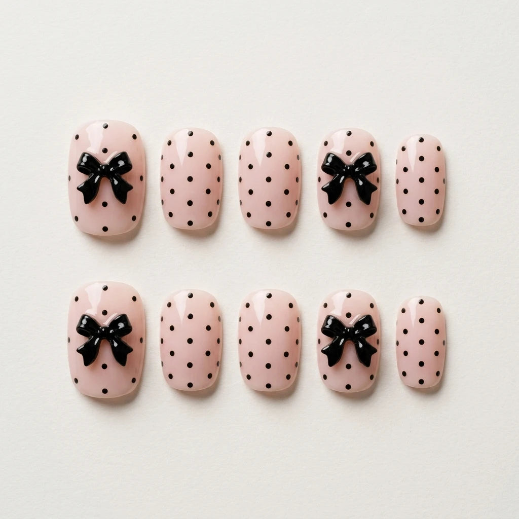 nude black 3d hand painted oval press on nails ribbon bow polka dot lifestyle 02
