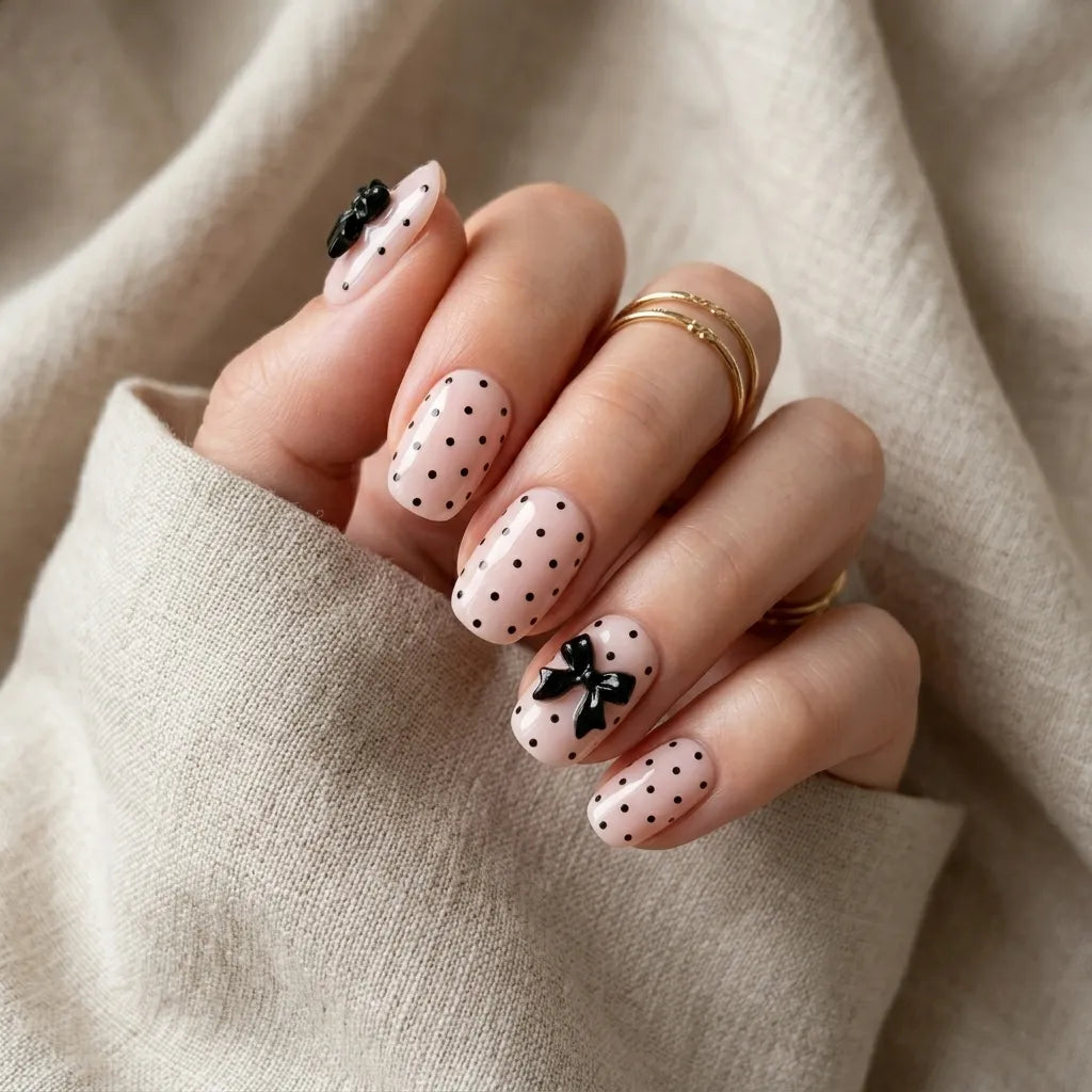 nude black 3d hand painted oval press on nails ribbon bow polka dot mockup 01