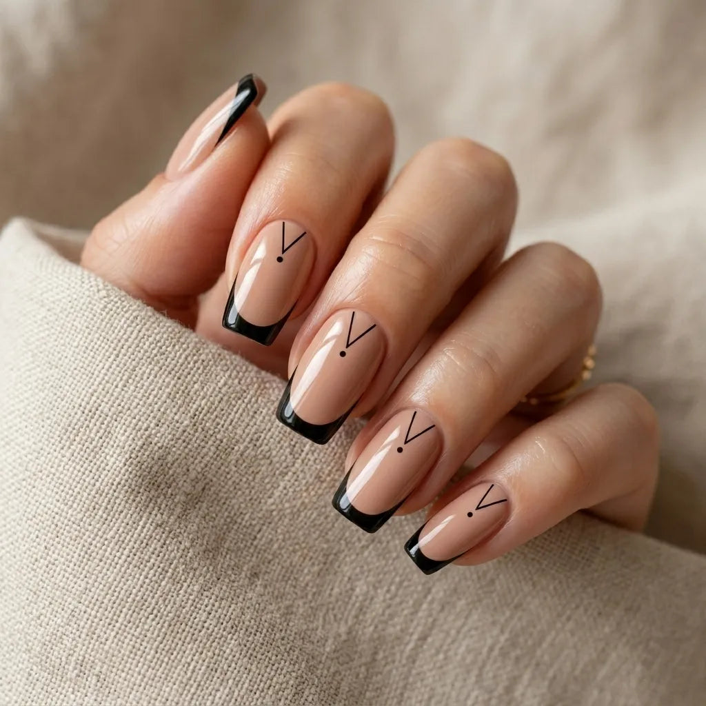 nude black french tip almond press on nails chevron dot detail 01