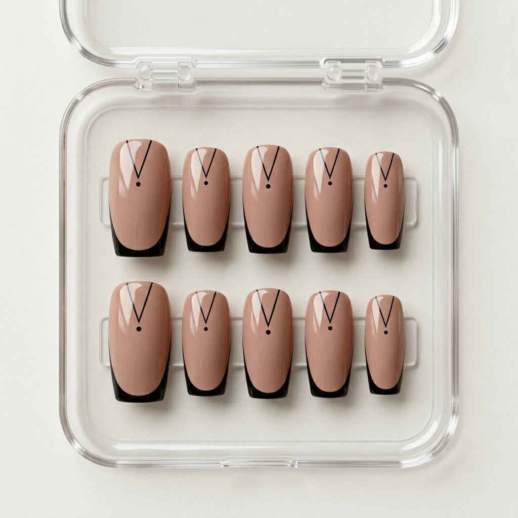 nude black french tip almond press on nails chevron dot detail 02