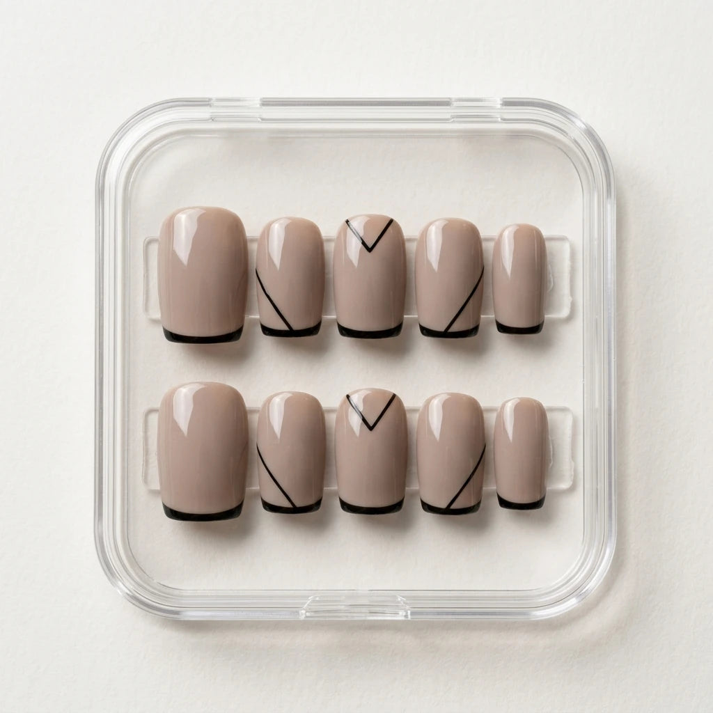 nude black french tip square press on nails chevron detail 01