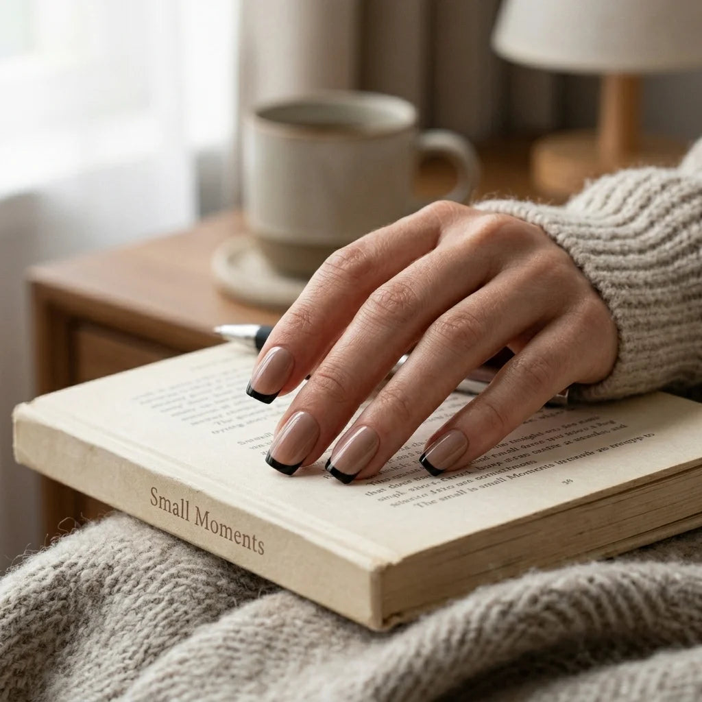 nude black french tip square press on nails lifestyle 01