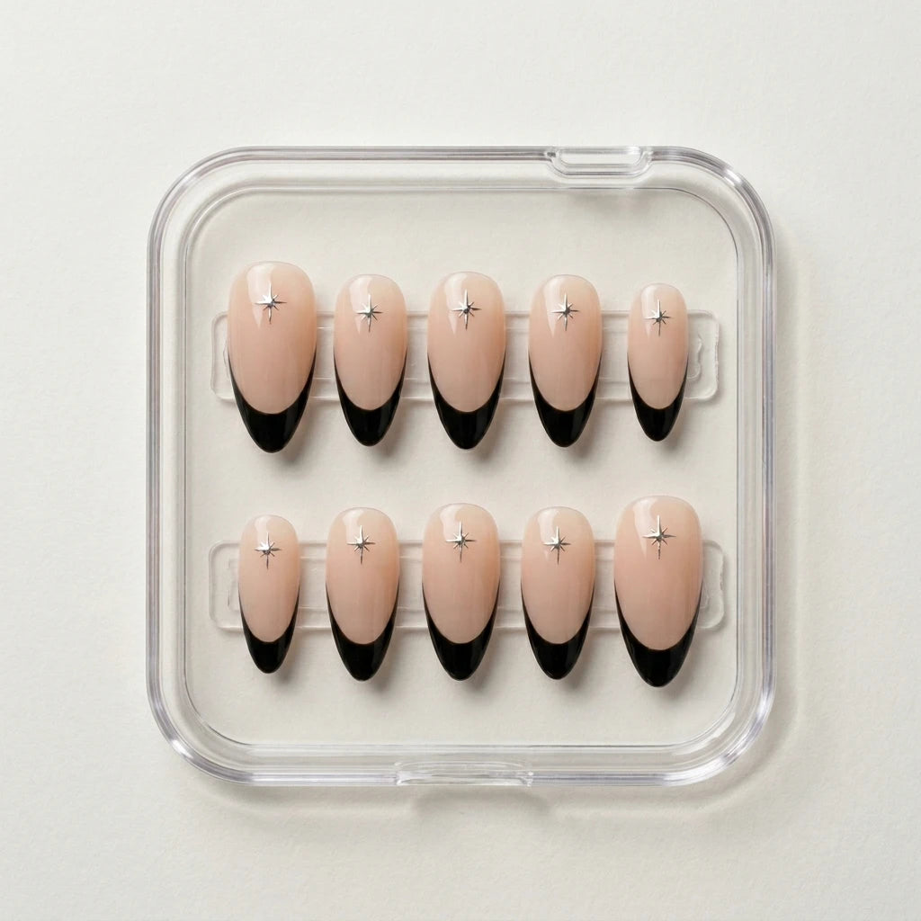 nude black matte french tip almond press on nails silver star detail 01