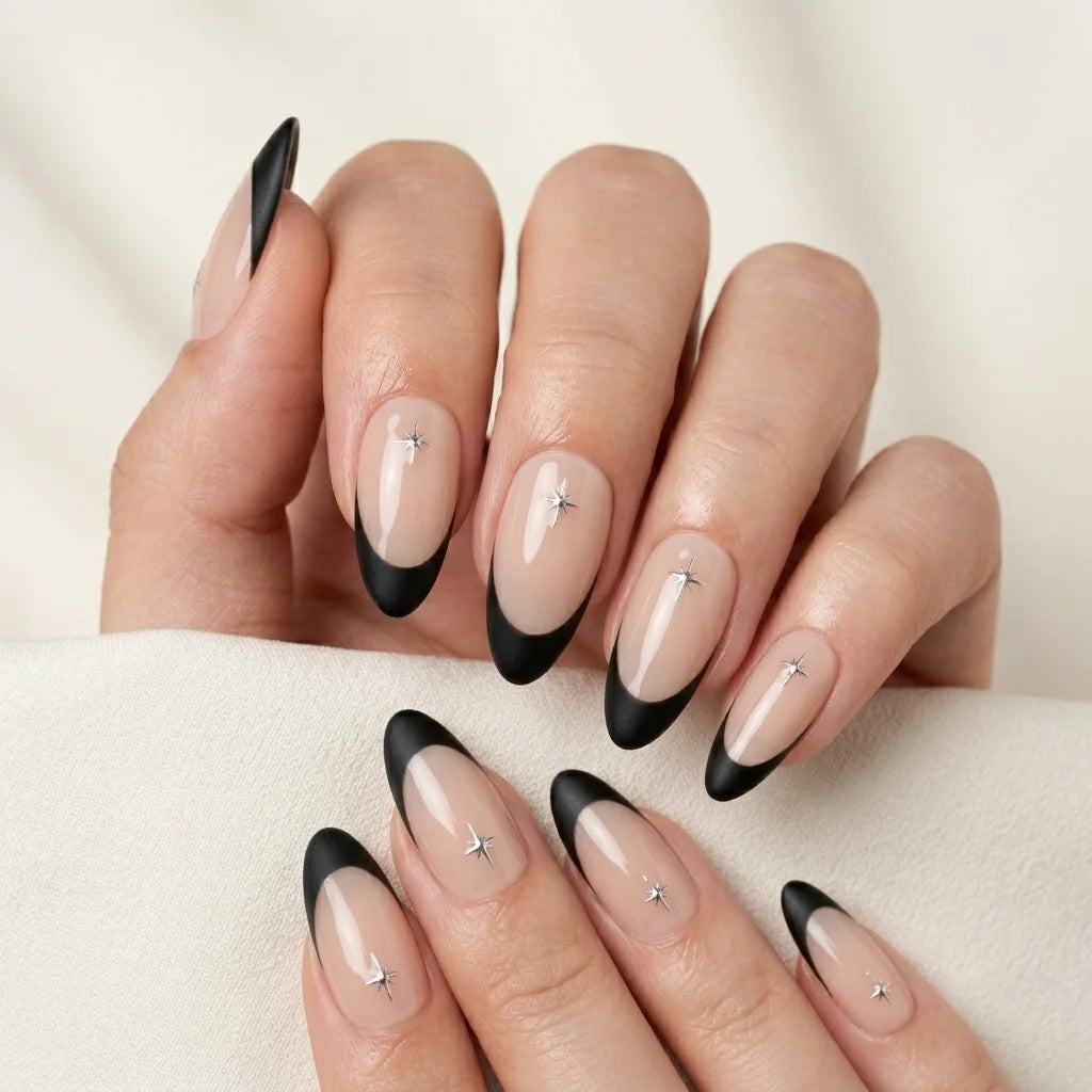 nude black matte french tip almond press on nails silver star mockup 01