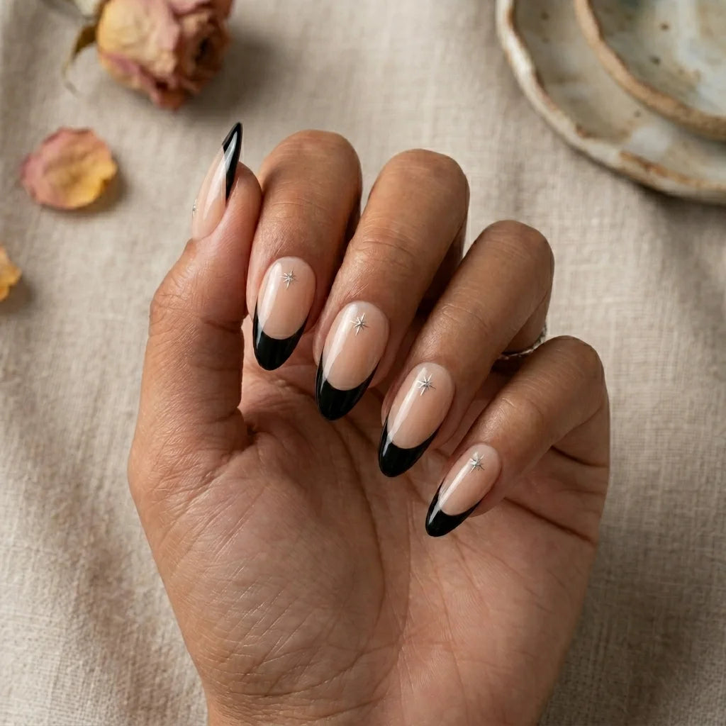nude black matte french tip almond press on nails silver star mockup 02