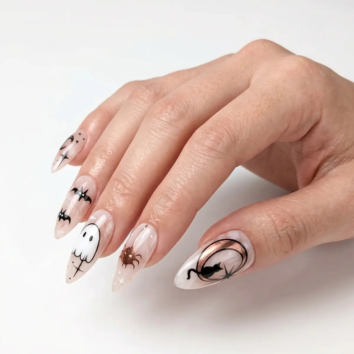 nude black rose gold marble halloween almond press on nails gothic bat lifestyle 02