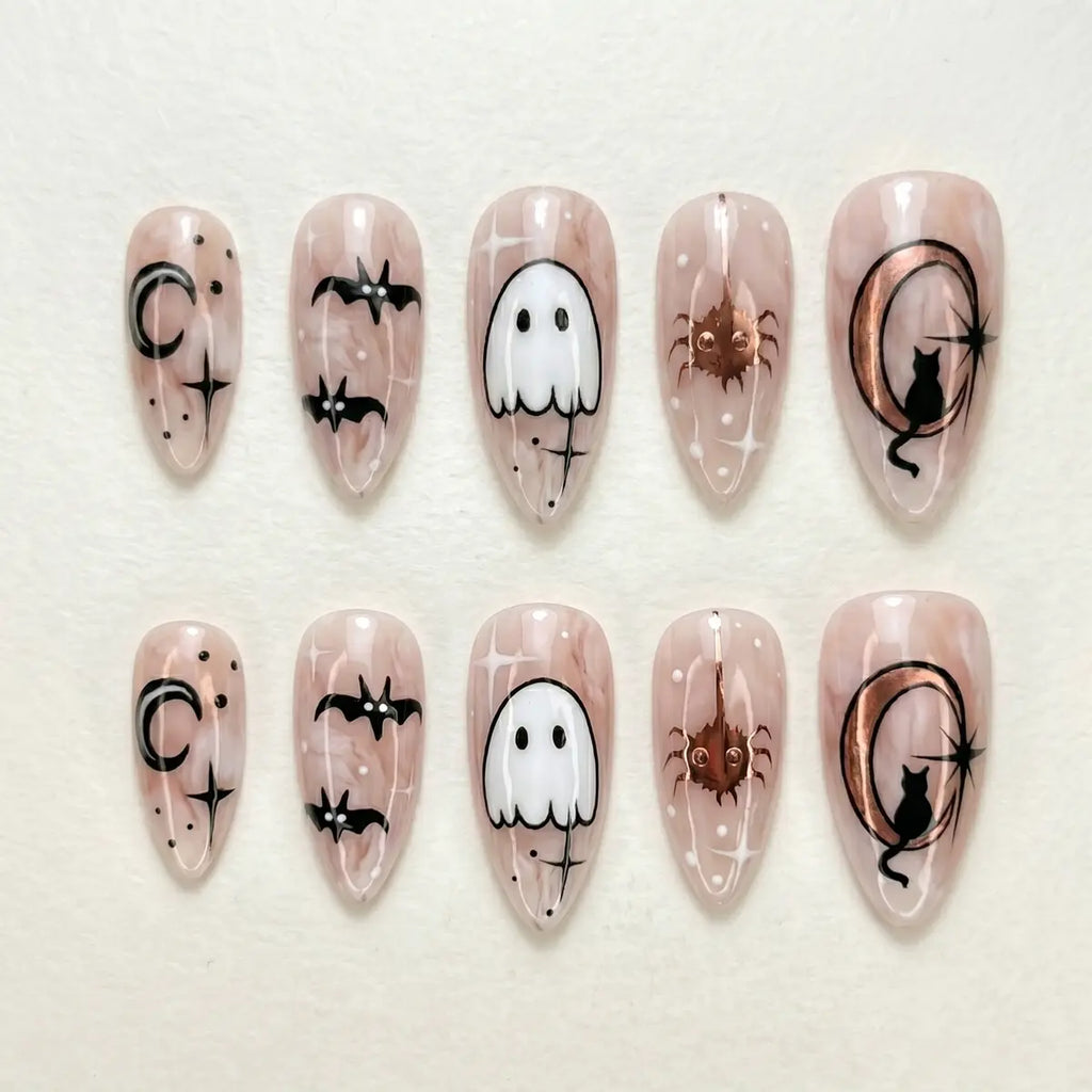 nude black rose gold marble halloween almond press on nails gothic bat mockup 01
