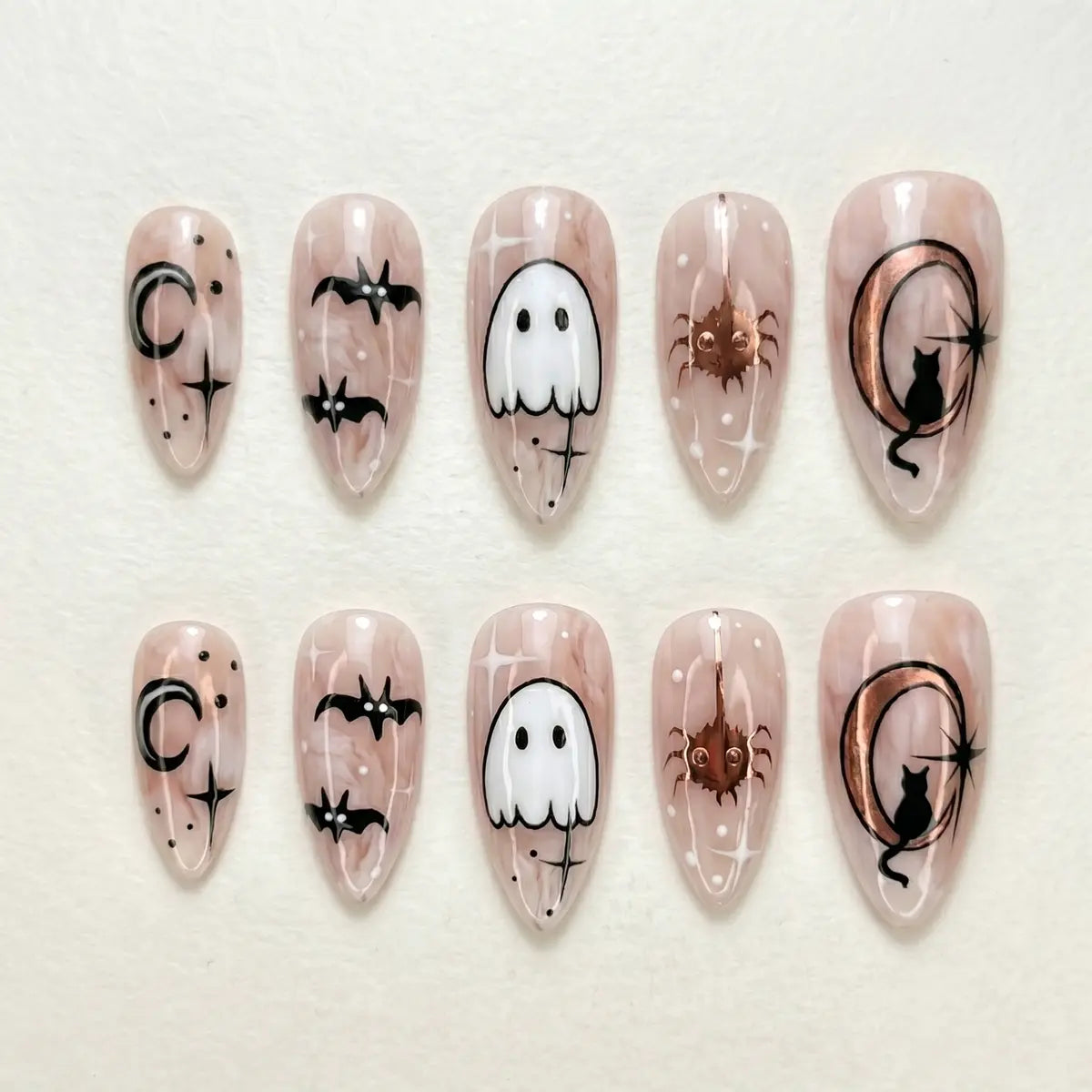 nude black rose gold marble halloween almond press on nails gothic bat mockup 01