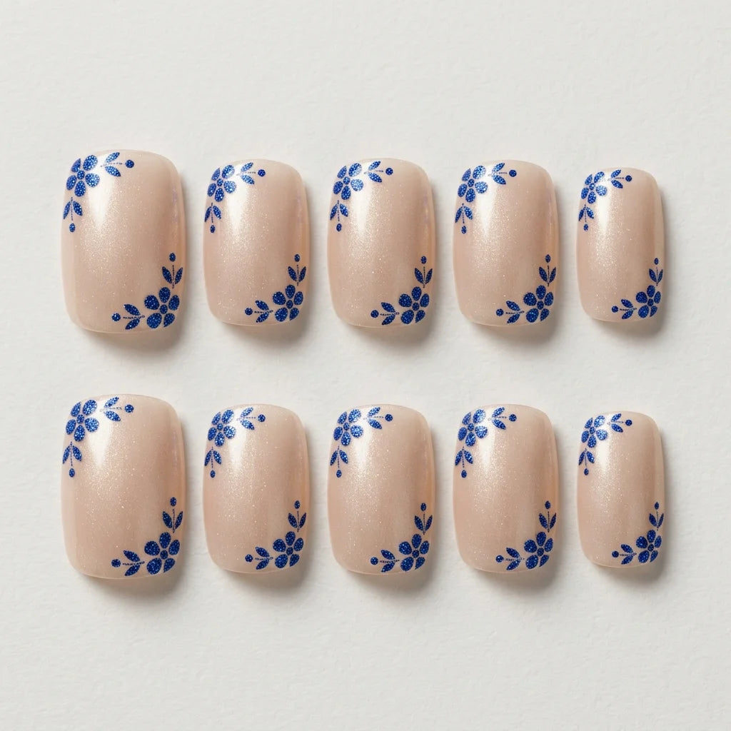 nude blue hand painted chrome square short press on nails floral pattern flat lay 04