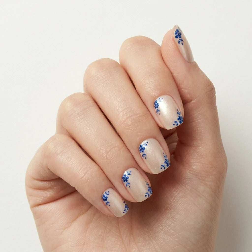nude blue hand painted chrome square short press on nails floral pattern lifestyle 02